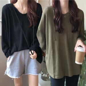 여성 빅사이즈 후드티 브이넥 맨투맨 긴팔티 심플 스타일 캐주얼 니트티 오버핏 롱티