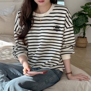 더스트 여성 루즈핏 자수 레터링 긴팔 맨투맨 기본 면 스트라이프 티셔츠 봄