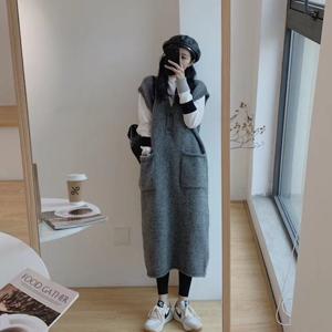 여자 봄 가을 무지 베이직 캐주얼 V 넥 민소매 니트 원피스 조끼 드레스