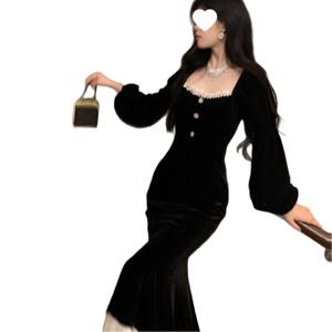 고급스러운 벨벳 날씬해 보이는 긴팔 원피스 추동 마이야르 스몰 블랙 스커트 슬림 머메이드 스커트