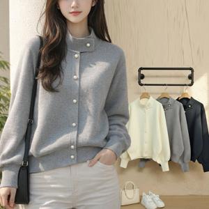 여성 니트 가디건 퍼프 소매 진주 단추 하이넥 카라 봄 루즈핏 자켓 간절기