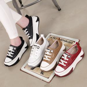 천연소가죽 통굽  캐쥬얼 밴딩끈 운동화 여성 스니커즈