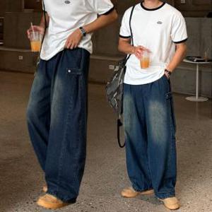 5컬러코밀 남자 벌룬핏 와이드 스냅 밴딩 데님 청바지 팬츠