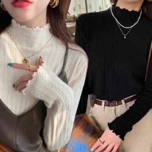 여성 터들넥 슬림핏 물결 프릴 반넥 반폴라 골지 반목 폴라 니트티 U337 1+1