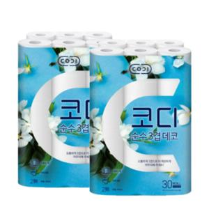 코디 코디 순수 3겹 27M 30롤 2팩 60롤 화장지 휴지