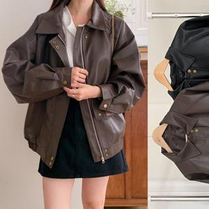 여성 오버핏 레더 자켓 카라 가죽 집업 점퍼 빅사이즈 봄 아우터 페이크 싱글 간절기
