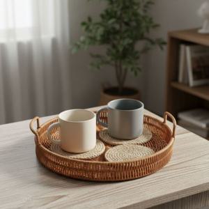 다니샵 라탄 바구니 트레이 쟁반 정리함 원형 수납바구니 손잡이형