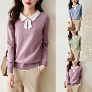 리본 카라넥 긴팔니트티 패션 여성의류 봄가을 겨울 배색라인 여성 니트 티 스웨터 상의