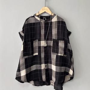 여성 썸머 린넨 체크 버튼 반팔 셔츠 빅사이즈 루즈핏