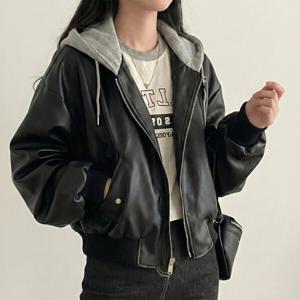 후드 레이어드 레더 블루종 자켓