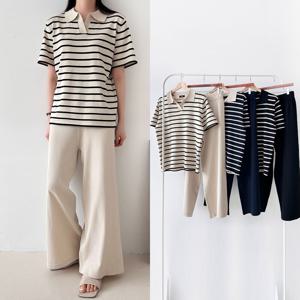 여성 니트 반팔 세트 스트라이프 단가라 와이드 팬츠 봄 여름 상하 셋업 카라 니트티