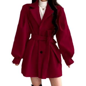패션 모직 정장 코트 여중 롱 가을 겨울 한국 스타일 벨티드 모직 코트