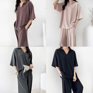 여성 와이드 팬츠 세트 카라 반팔 티셔츠 셋업 밴딩 트레이닝 바지 홈웨어 상하 코디 봄 여름