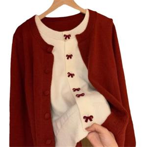 리본 퍼플 페이크 투피스 니트 가디건 스웨터 코트 여추 겨울 2024 신상 시크 절미 상의