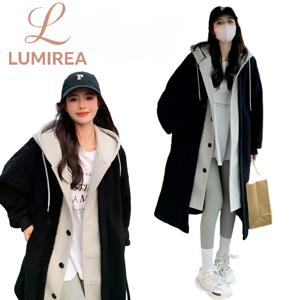 여성 루즈 롱 후드 레이어드 후리스 양털 코트 모던 루즈핏 후드 코트