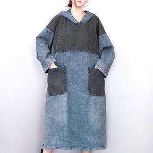 지홍 데님 후드 롱원피스 청 루즈핏 빅사이즈 오버핏