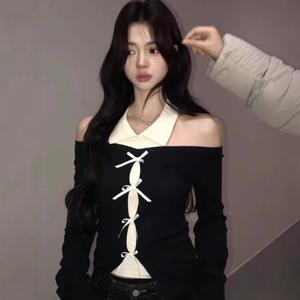 순욕풍 스칼렛 패치워크 긴팔 셔츠 디자인 감각 오프숄더 폴로 넥 리본 봄가을 신상 상의