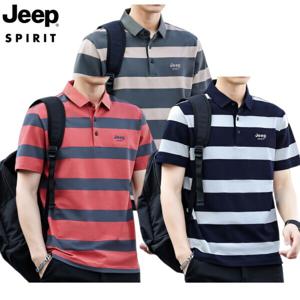 JEEP SPIRIT 남성 스트라이프 폴로 반팔 순면 여름 통기성 캐주얼 티셔츠