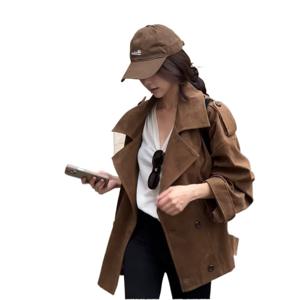 브라운 디자인 차이나 스웨이드 키 작은 코트 여성 빈티지 루즈핏 캐주얼 코트