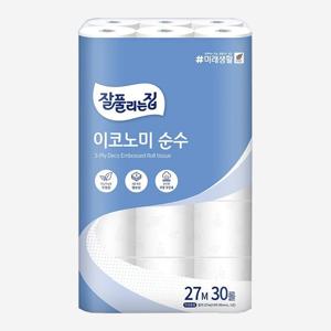 3겹 무형광 이코노미 순수 화장지 두루마리 롤 휴지 30롤 1팩 27m