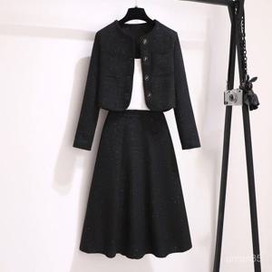 빅사이즈(100kg까지) 라운드넥 트위드 투피스 세트 / 여성 봄가을 플레어 롱스커트  자켓 / 데일리 캐주얼