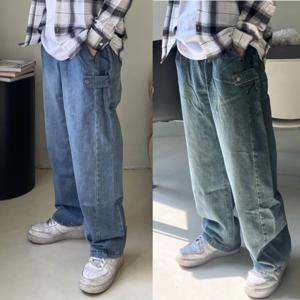 사이드 스냅 와이드 워싱 데님 팬츠 남자 청바지