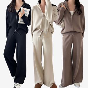 여성 니트 집업 세트 투웨이 밴딩 와이드 팬츠 통 바지 셋업 루즈핏 봄 카라 하이넥