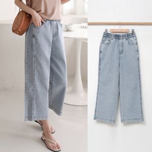 여성 여름 8부 청바지 밴딩 옆 핀턱 통바지 와이드 데님 팬츠 연청 빅사이즈