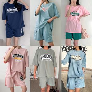 여성 트레이닝 세트 반팔 와이드 팬츠 반바지 스커트 홈웨어 봄 여름 빅사이즈 오버핏 셋업