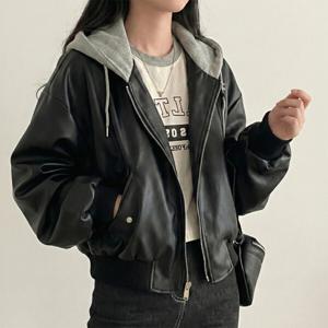 춘추녀 코트 후드 레이어드 레더 블루종 자켓