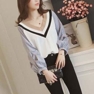 여성 브이넥티셔츠 소매 스트라이프 퍼프 긴팔티셔