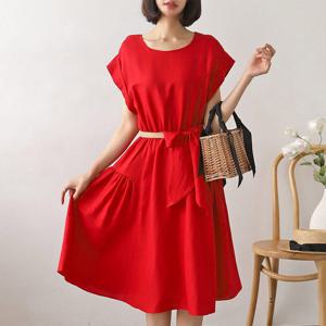 [옷자락]여성 리본 마끈 벨티드 캡소매 린넨 레드 원피스