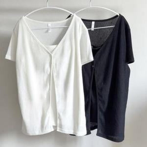 [강물처럼]빅사이즈골지투피스 V009L507 레인투버튼골지반팔세트