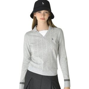 [헤지스골프] 그레이 여성 핀스트라이프 오픈 카라 니트HWSW5C615G1