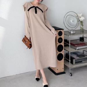 77사이즈 루즈핏 세일러 니트 긴팔 롱 원피스 ar24304