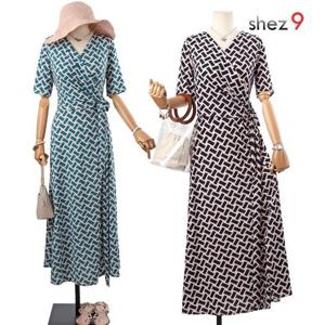 [쉬즈넘버나인]라이브 나염 롱 랩원피스