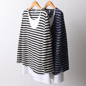 [강물처럼]빅사이즈레이어드티 F543L501 이중ST배색긴팔티셔츠 M