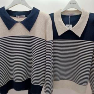 Latium HC06 짧은 단가라 스트라이프 깔끔한 단무지 카라 니트티 T2541sw09