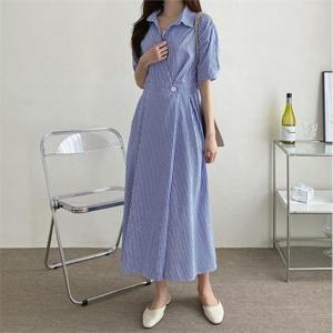 [바이어스]랩 스트라이프 반팔 여성 셔츠 여름 플레어 롱 원피스