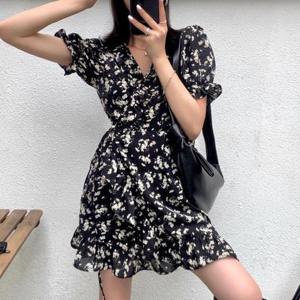 [깨비몰][깨비몰] 여름 꽃무늬 랩원피스 로브 퍼프소매 드레스 (