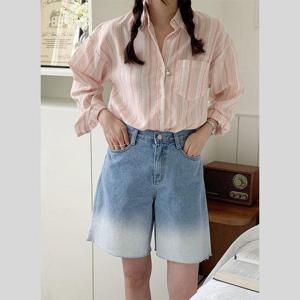 [바이어스]하이웨스트 청 데님 워싱 진 스판 밴딩 반바지 팬츠 (