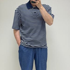 [바쏘옴므]25SS 오버핏 단가라 네이비 반팔카라티 WSZ2-KT49-ANY