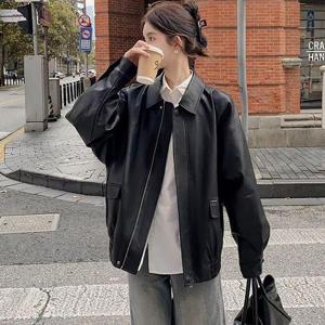 [에이치플러스몰]여성 루즈핏 레더자켓 봄가을 가죽점퍼 박시핏 아우터
