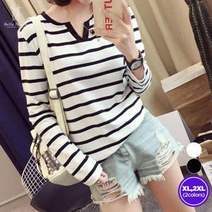 벨라도나 여성 가을 탄탄한 단가라 스트라이프 긴팔면티셔츠
