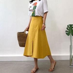 [네모엔룩]핏라인이 살아있는 A라인 린넨트임롱 뒷밴딩 플레어 스커트