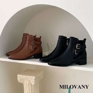 [밀로바니] (255제작) 카니야 소가죽 스퀘어 무광 아일렛 버클 스트랩 첼시 밴딩 통굽 여성 앵클부츠 4cm