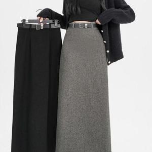 [르뚜앙]밈코 봄 가을 겨울 모직 하이웨스트 H라인 롱스커트 블랙 그레이 뒷트임 오피스룩 치마