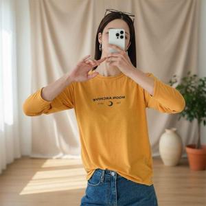 [옷자락]여성용 라운드넥 프린트 긴팔 티셔츠 노란색 스판봄티