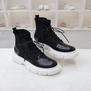 [코디엘루]니트 소가죽 콤비 여성 통굽 앵클 부츠 8cm CDMD500526_GN