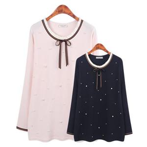 [허밍퍼플]여성용 4958-마로니 프릴 진주 리본 빅사이즈 결혼식 블라우스 티셔츠 간절기 예쁜 여성의류